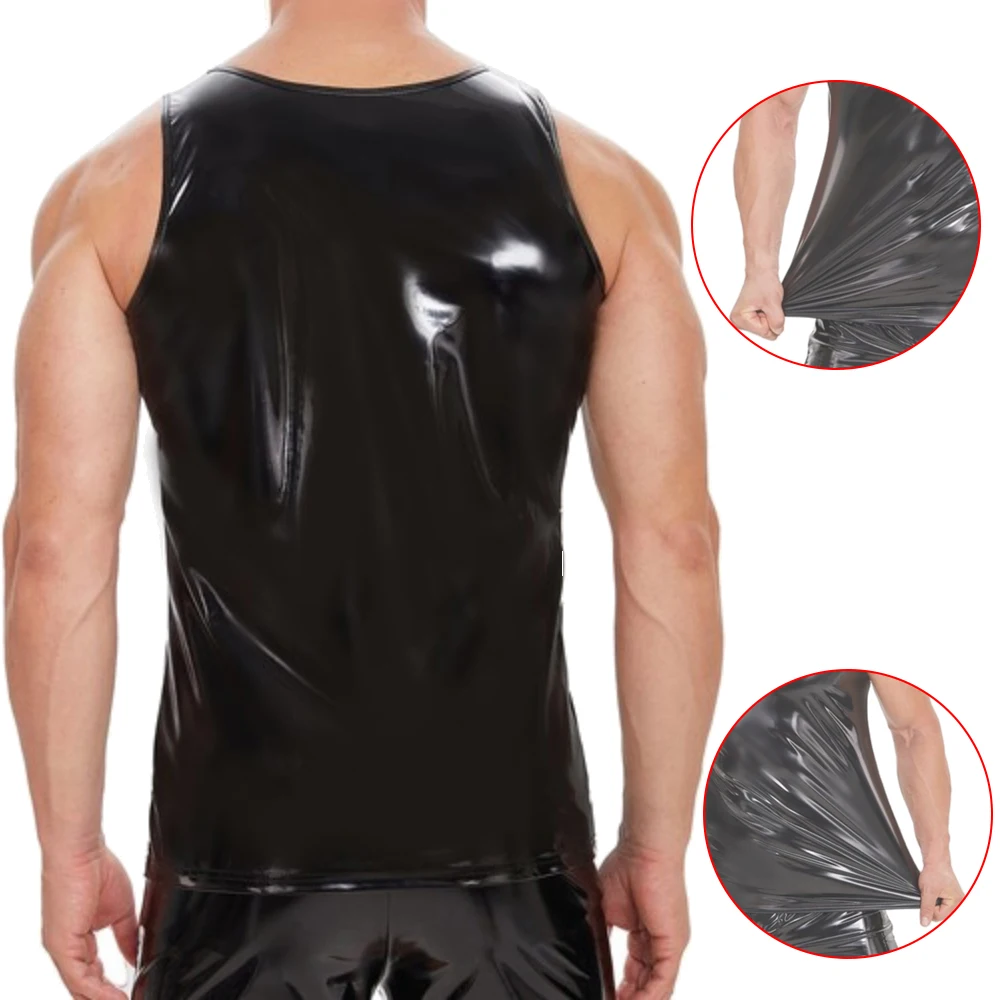 

Black Glossy Synthetic Leather Slim Fit Men's Vest Sexy Shaping Muscle Vest Men's Fitness Sportswear Sleeveless Sexy Underwear
