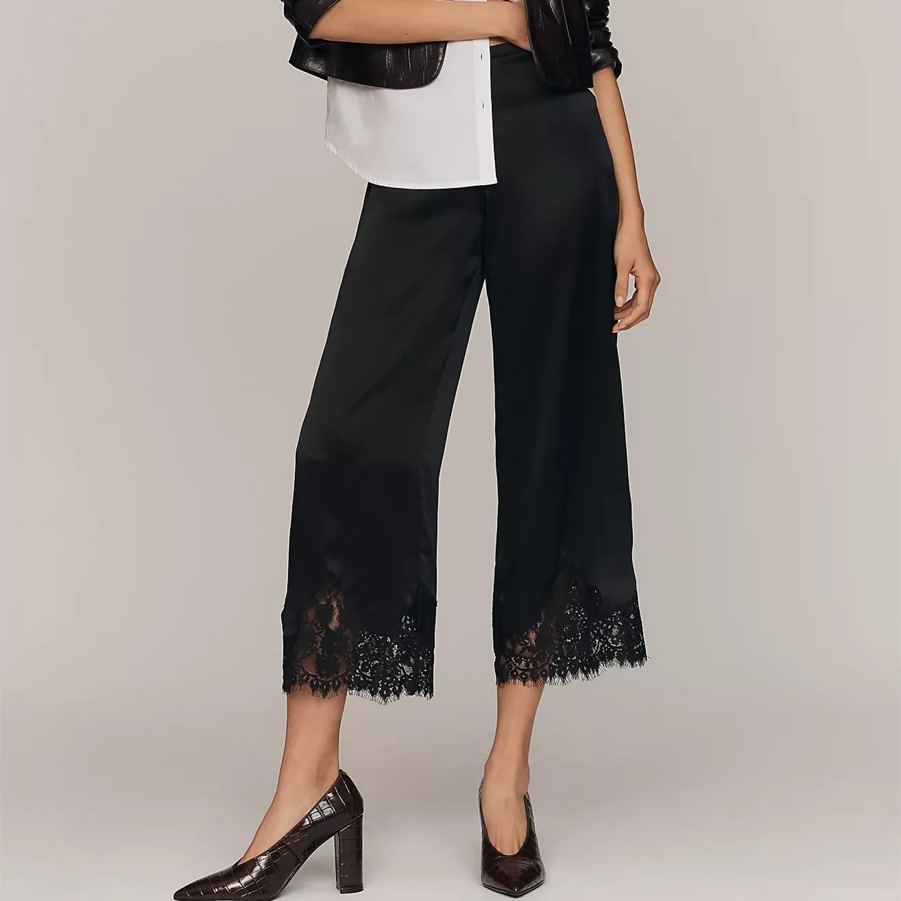 Satin Silk Lace Trim Capri Pants Women Y2k Solid Color Wide Leg Elastic Waist Pajama Bottoms Casual Patchwork Pj Lounge Trousers