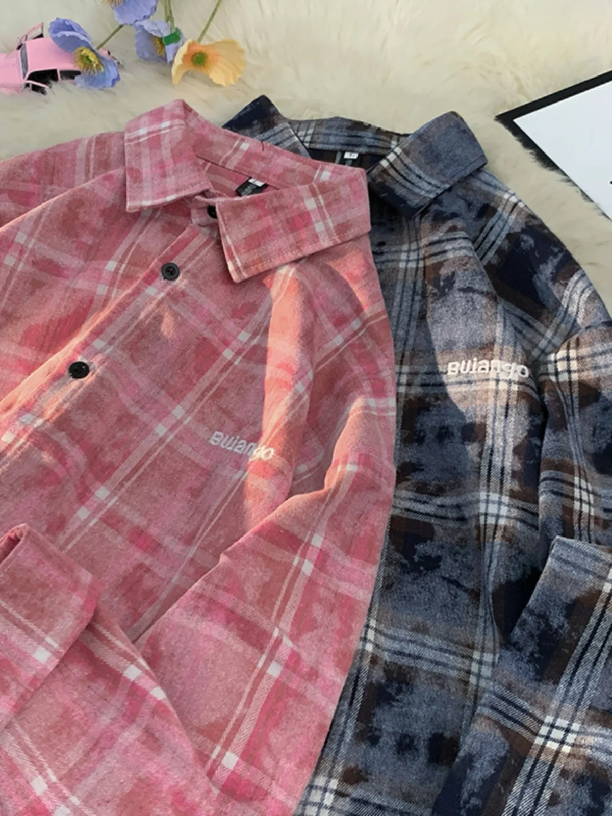 

Мужская свободная удлиненная рубашка в клетку, весна-осень, винтажный американский стиль, с вышивкой, тай-дай, модный бренд, для пар