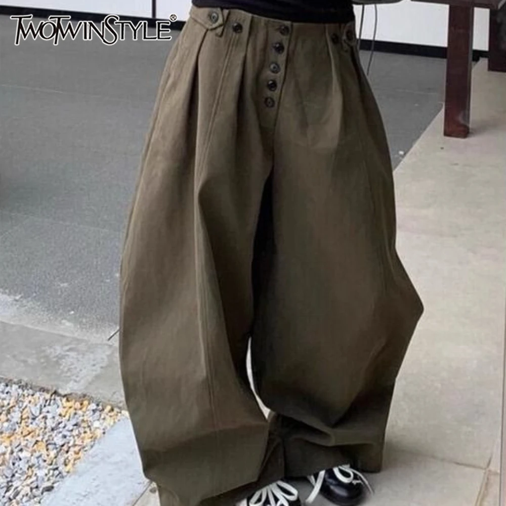

TWOTWINSTYLE зеленые базовые брюки на пуговицах, женские свободные повседневные широкие брюки с высокой талией, осенняя новая мода