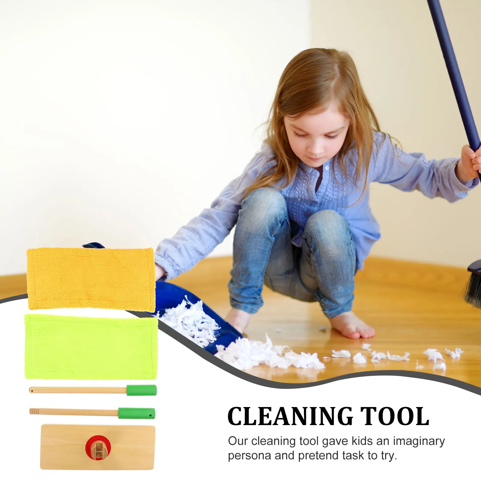 

1 set Detachable Wooden Cleaning Tool Set for Kids Mop Pretend Play Educational Toys Smooth Surface Toddler Cleaning Mop Set