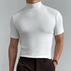 Fashion Summer Man T-Shirts Basic Slim Fit Muscle Solid Color Turtleneck Short Sleeve Tee Tops Clothing T Shirt For Men