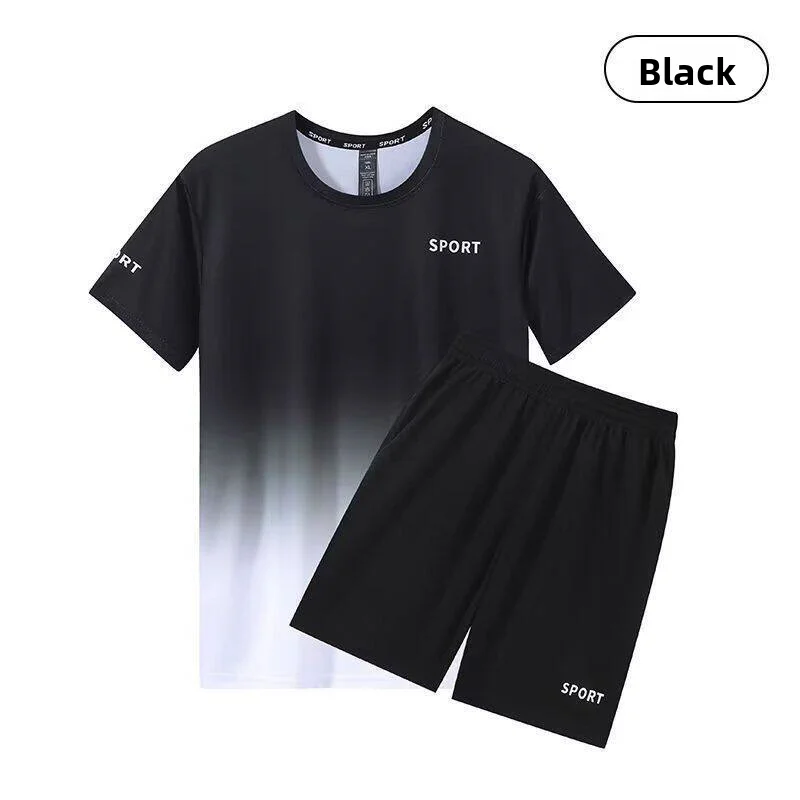 Ice Silk Short Sleeve T-Shirt Fitness Casual Sports Suit Set Summer Running Sports Quick Dry Men Women Couple Polyester Fabric
