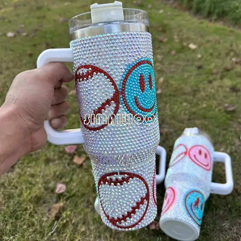 40oz Handle Rhinestone Cup Smile Face Design Car Portable Double Layer Ice Drink Vacuum Thermal Insulation Handmade Gift