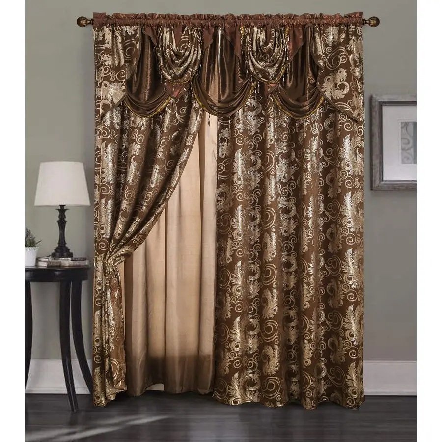 

Jacquard Luxury Window 2 Panel Set Brown Curtain with Attached Valance and Backing Bedroom Living Room Dining 2 Curtains 55x84 i