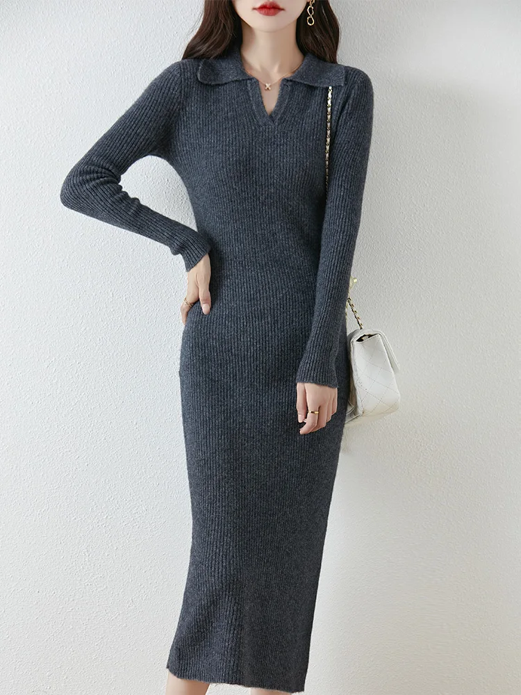 High-end 100% lã pura pulôver vestido feminino emagrecimento novo longo turn-down colarinho outono inverno malha camada interna saias longas