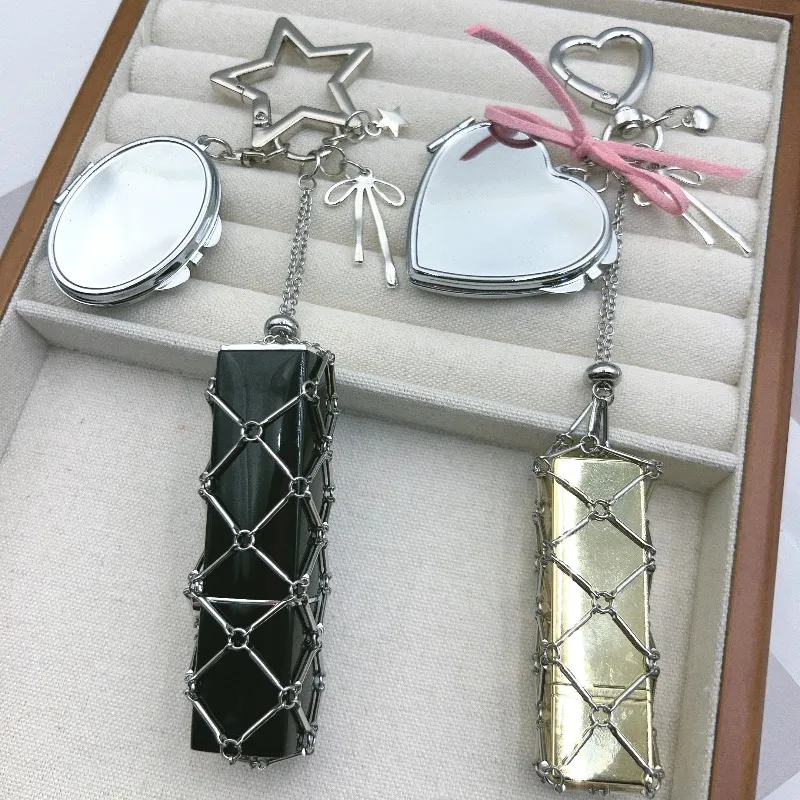 Kreative Lippenstift-Netztasche mit Bärenspiegel, Metallkette, Lippenbalsam-Beutel, Edelstahl-Tasche, Schlüsselanhänger, individuelles Logo, Geschenk für Frauen