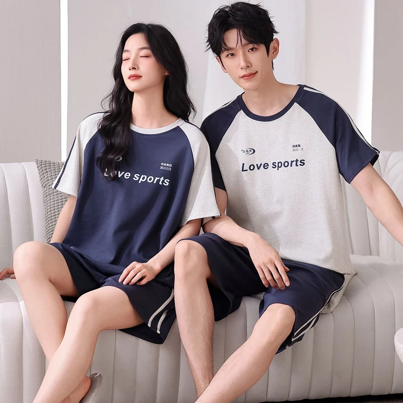 

2026 Summer Couple Short Sleeve 100% Cotton Shorts Pajama Sets for Women Korean Cute Sleepwear Pijama Mujer Men Homewear Clothes