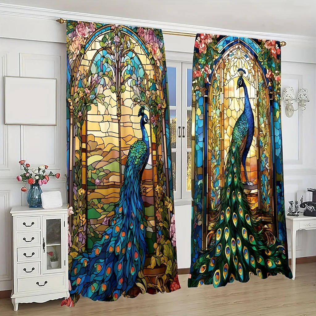 

2PC Peacock Floral Print Curtains – Pocket Rod Top,Fade-Resistant Polyester for Living Room, Kitchen,Bedroom, Study, Dining Room