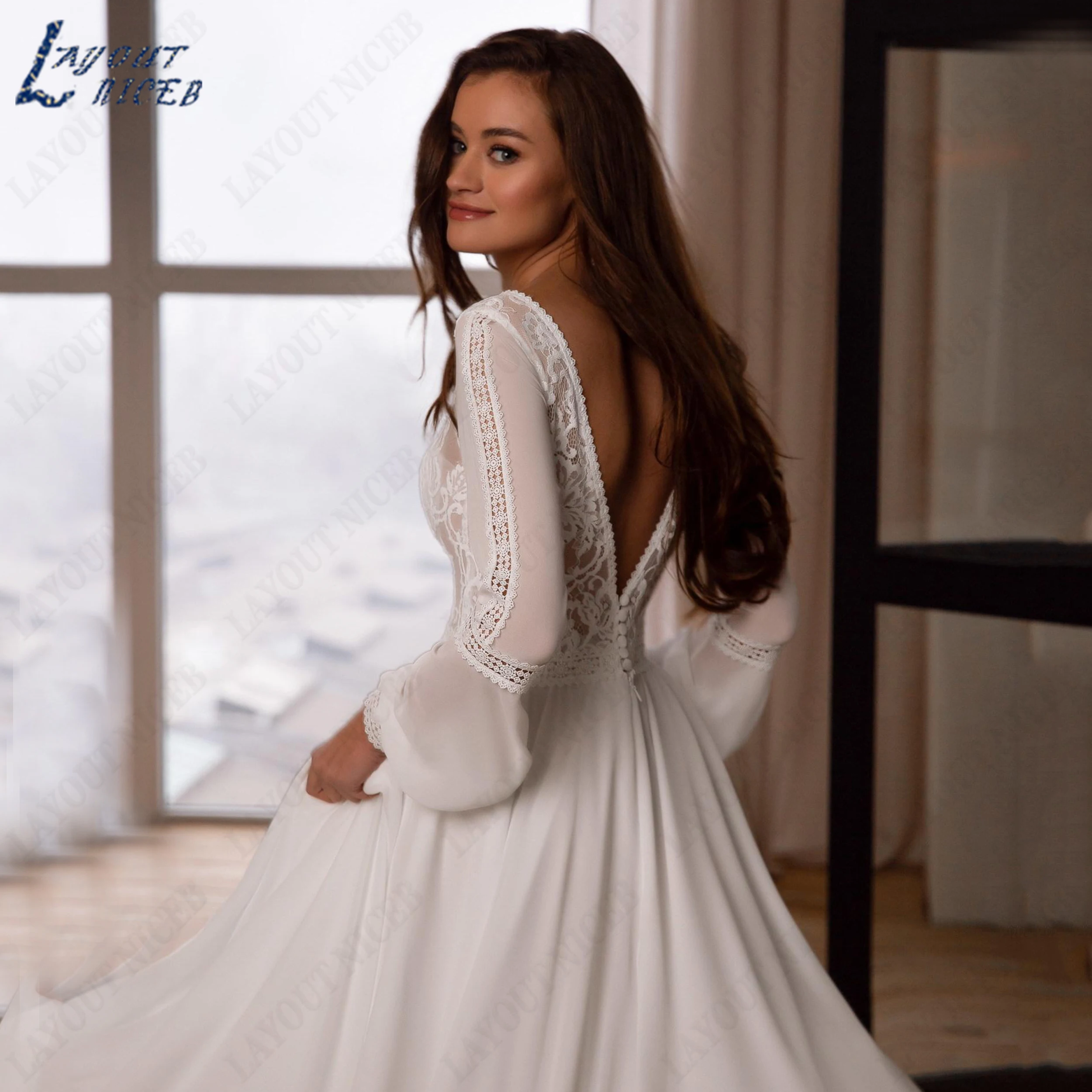 LAYOUT NICEB Customized Boat Neck Long Sleeve Lace Bridal Gown Flowy Chiffon A-Line Open Back 2026 Wedding Dress Bride