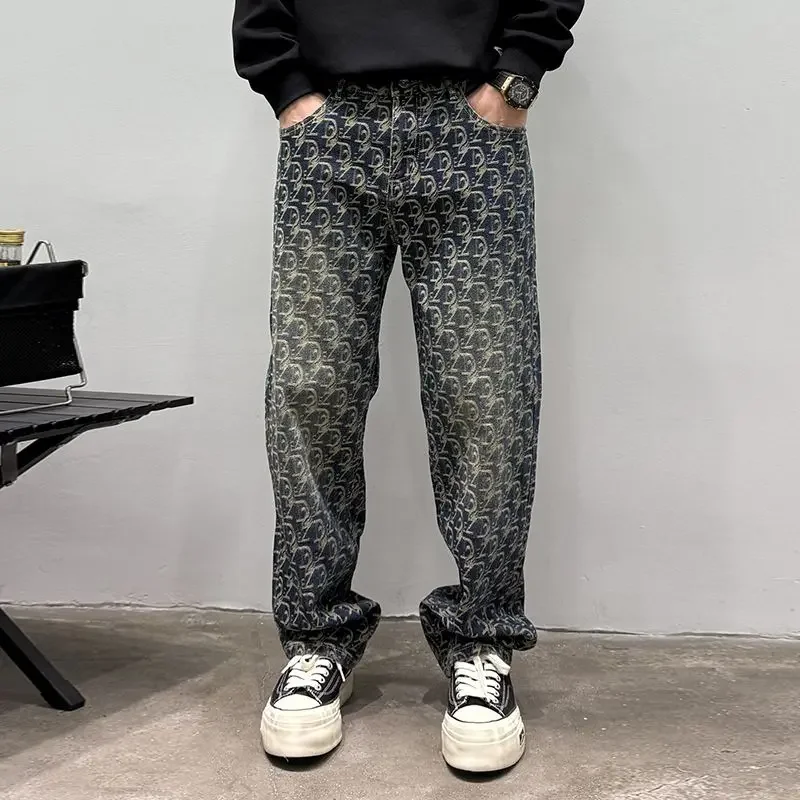 

Hot Sale Men's American Street Style Jacquard Jeans Loose Straight Leg Fashionable Wide-leg Long Pants Denim