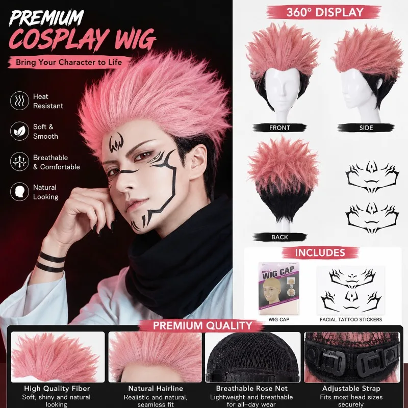 

Jujutsu Kaisen Itadori Yuji Wig Pink Black Short Cosplay Wig Heat Resistant Synthetic Hair for Halloween Carnival Role Play