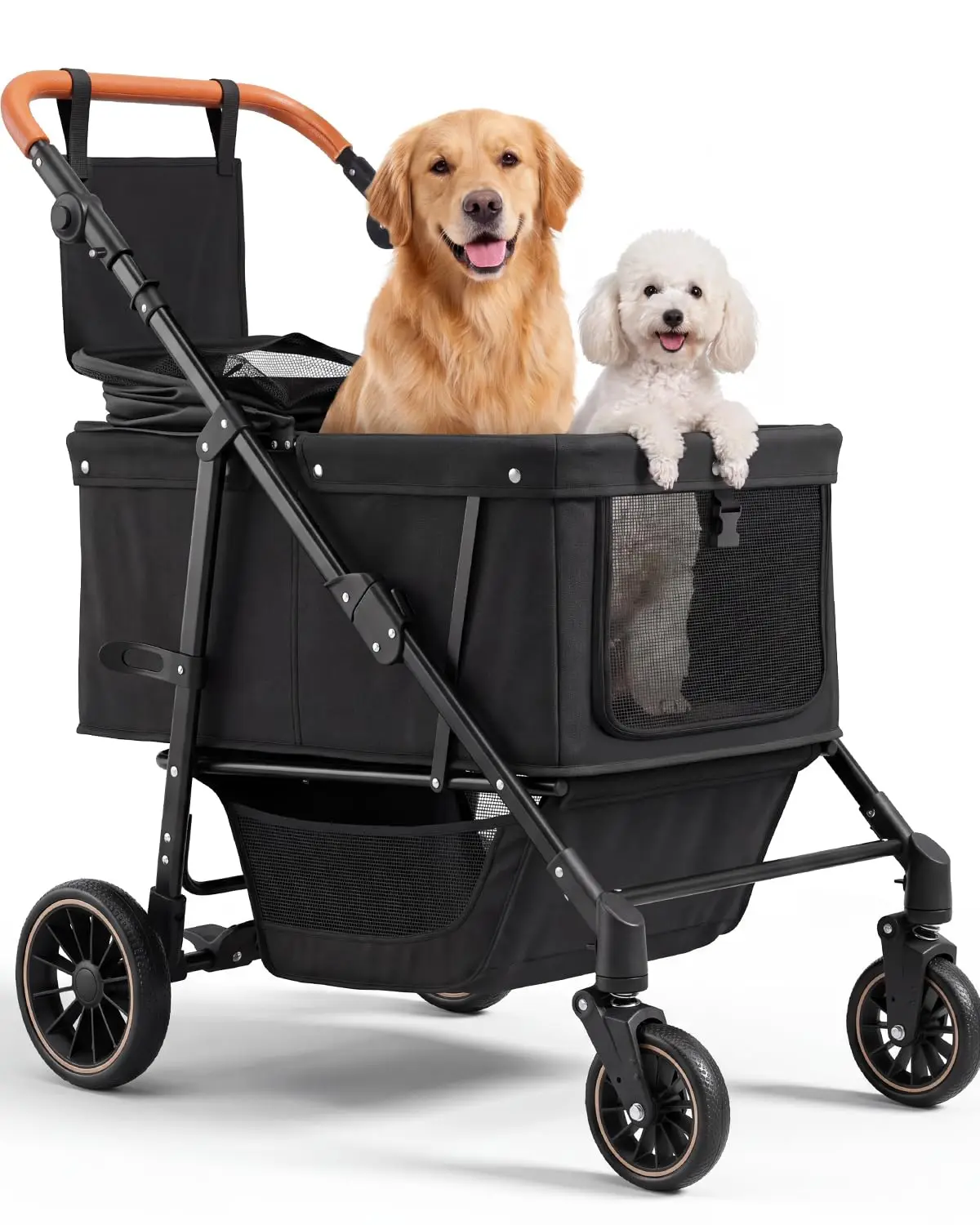 Large Pet Stroller, Two Dog Wagon Collection Featuring Foldable Design And Adjustable Handle With Canopy Storage Organizer For Medium Small Dogs Capacity Up To 66 Pounds, Black