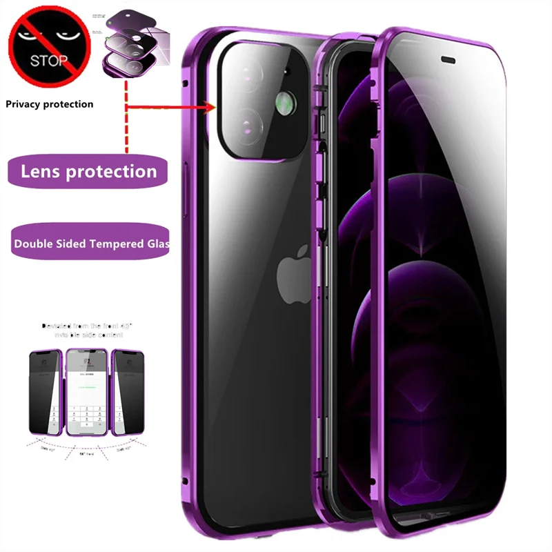 Anti-peep Privacy Magnetic Adsorption Case For iPhone 15 14 16 13 12 11 Pro Max Double Sided Glass With Camera Len Protect Cover