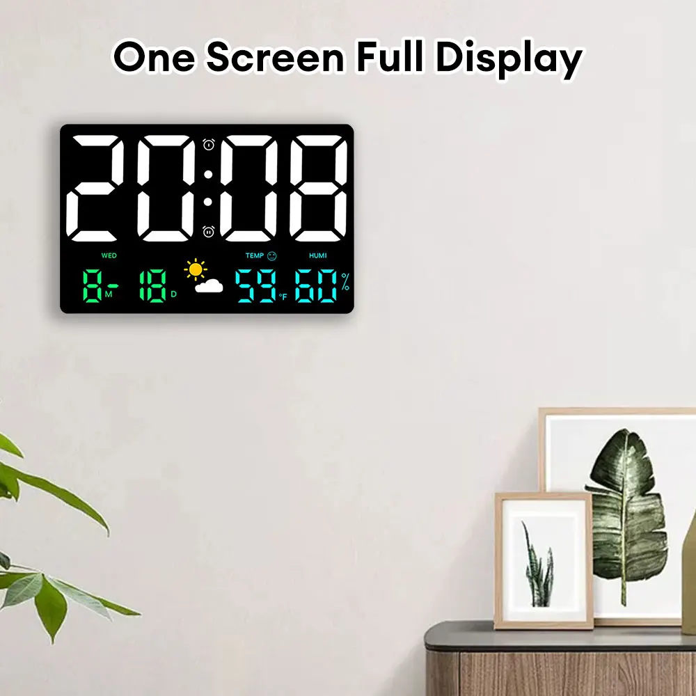 Large Digital Wall Clock Temperature Humidity Date Automatic Dimming Weather Clock 12/24H LED Multi-Function Color Alarm Clock