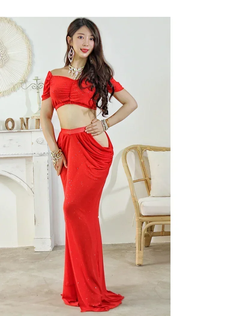 Vrouwen Buikdans Kostuum Watergaren Top Mesh Rok Volwassen Vrouwen Oefenkleding Set Elegante Professionele Prestatiekleding