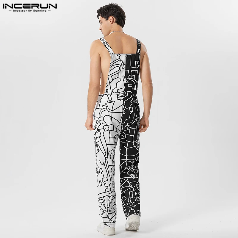 2023 Men Jumpsuits Print Patchwork Sleeveless Streetwear Summer Suspenders Rompers Fashion Male Straps Overalls S-5XL INCERUN