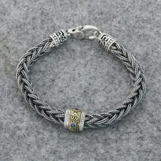 

S925 Sterling Silver New Handwoven Diamond Fox Tail Transfer Bead Men's and Women's Bracelet Retro Craft Thai Silver Jewelry