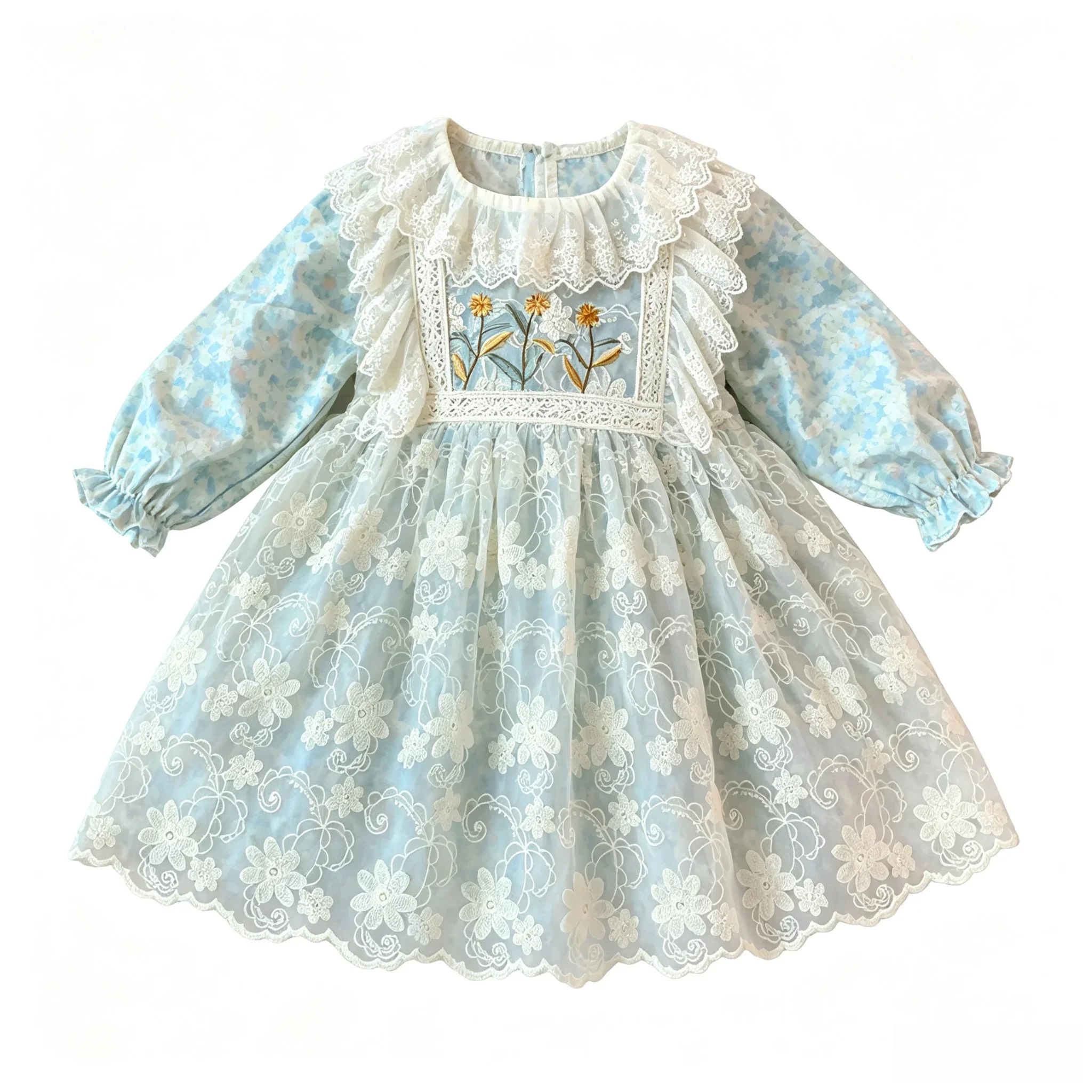 女の赤ちゃんレース花柄ドレス長袖プリンセスドレス子供刺繍フリル襟メッシュ衣装子供カジュアル秋服