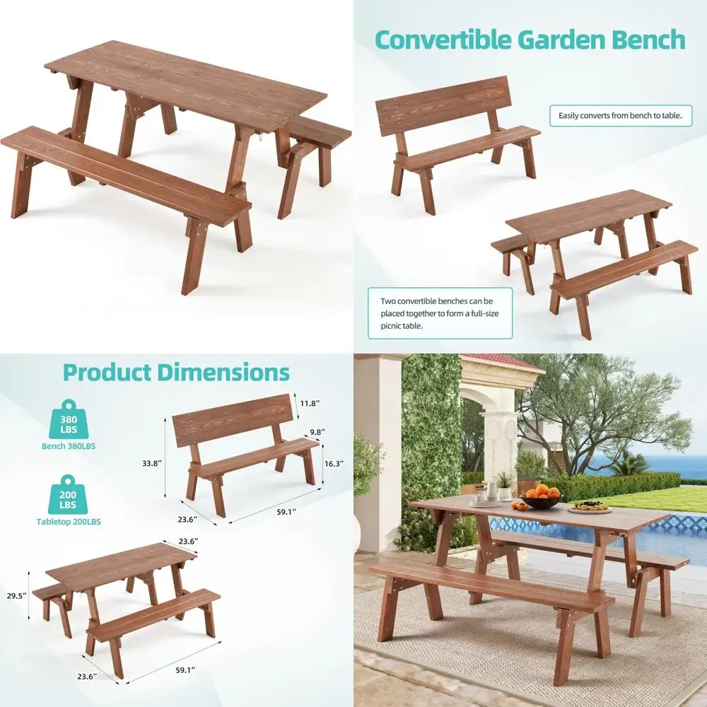 طقم طاولة نزهة قابل للتحويل في الهواء الطلق، أثاث حديقة خشبي 2 في 1 للفناء الخلفي والشرفة والفناء