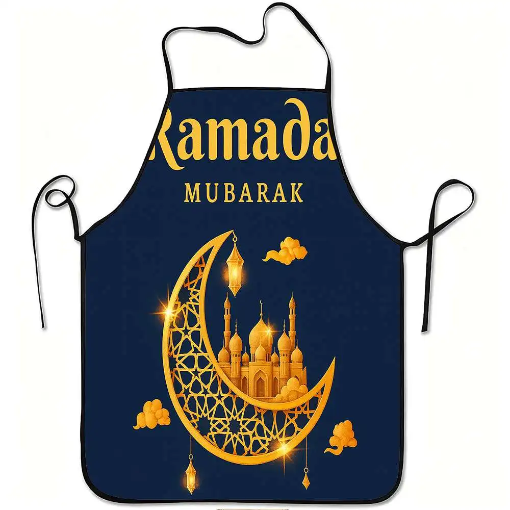 1pc Ramadan Mubarak Crescent Moon Mosque Print Apron, Durable and Easy to Clean, Adjustable Waistband, Polyester Material, for K