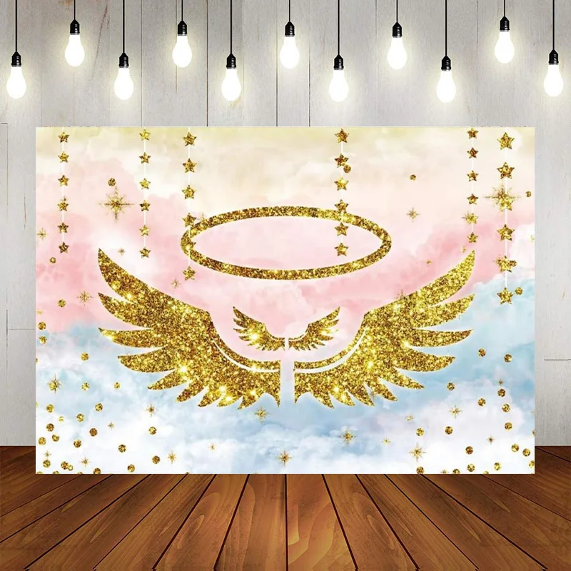 

Glittering Golden Angel Wing Photography Backdrop Kids Birthday Party Gorgeous Background Shining Stars Pink Birthday Banner