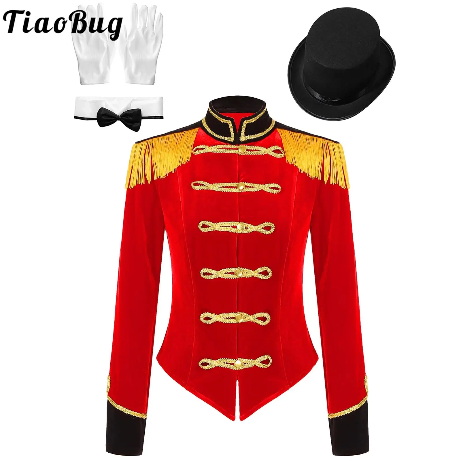 Giacca da donna Ringmaster Costume manica lunga con frange e nappe giacca a tracolla cappotto da circo cappotto da coda Halloween Cosplay Dress Up