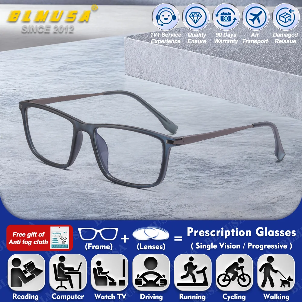 

BLMUSA (L) Retro Rectangle Myopia Prescription Computer Glasses Oversize Frame Anti Blue Ray Photochromic Multifocal Eyeware Men