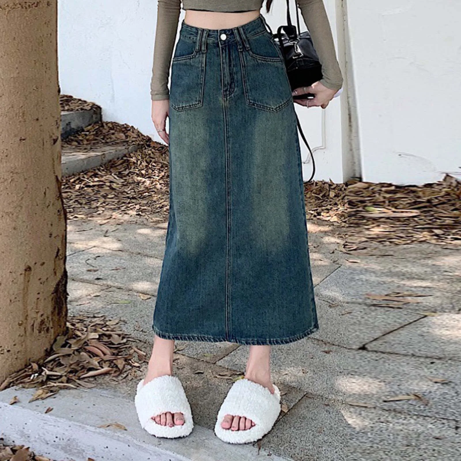 Falda vaquera ajustada de cintura alta para mujer, Falda vaquera larga dividida para después del lavado Retro, tendencia de moda, todo elegante, falda envolvente a la cadera