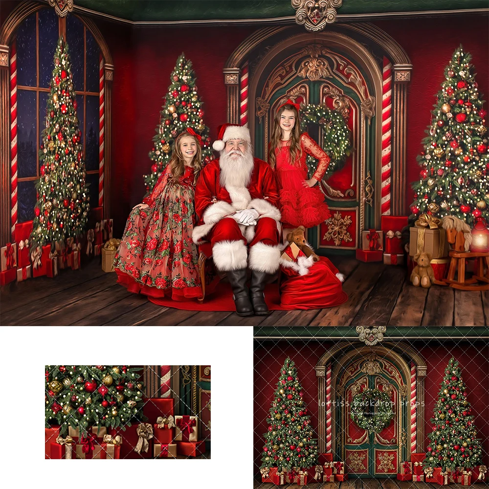 

Santa Workshop Door Backdrops Kids Family Photography Child Adult Photocall Xmas Trees Dark Red Door Photocall Backgrounds