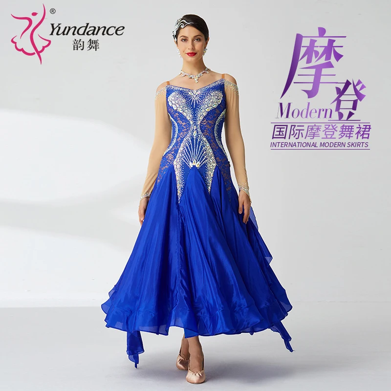 

B-2090 New Competition International Standard Ballroom Dance Dress Performance Blue Pearl Silk Ballroom Dance Dress for Sale