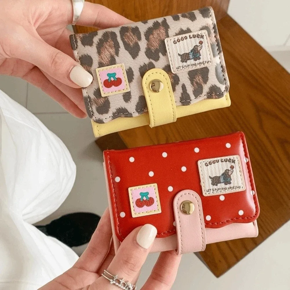 Y2K Ins Sweet Polka Dot Trifold Wallet Pu Leather Wave Edge Dachshund Card Holder Flower Patchwork Coin Purse Women