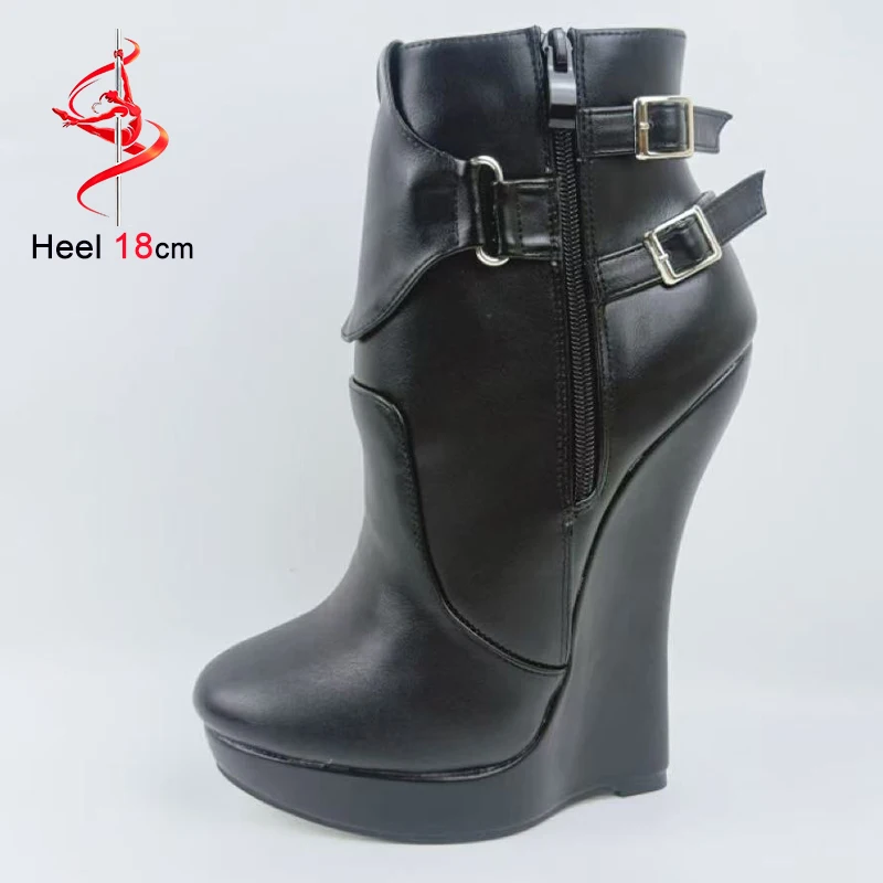 

Spring Autumn Black Matte Leather Splicing Women's Ankle Boots Slope Heels 18CM Platform Double Zippers Belt Buckle Short Boots