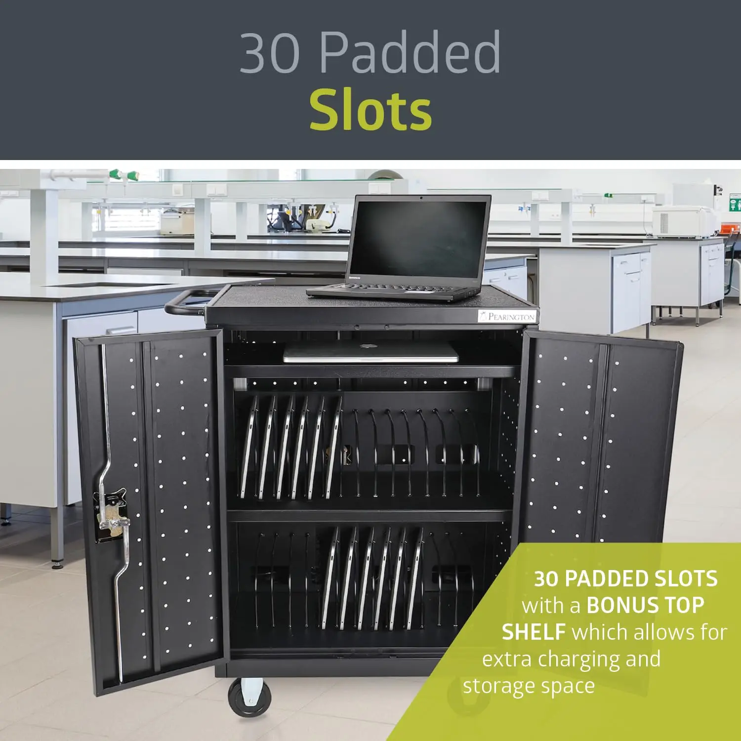 Chariot de chargement et de stockage mobile Pearington 32 appareils pour iPad, Chromebook et ordinateurs portables, taille d'écran jusqu'à 13 pouces, Su