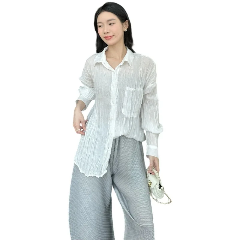 미야케 플리츠 심플 셔츠 여성용 2026 봄 신상 데일리 다용도 캐주얼 블라우스 솔리드 컬러 셔츠 긴팔 플리츠 의류