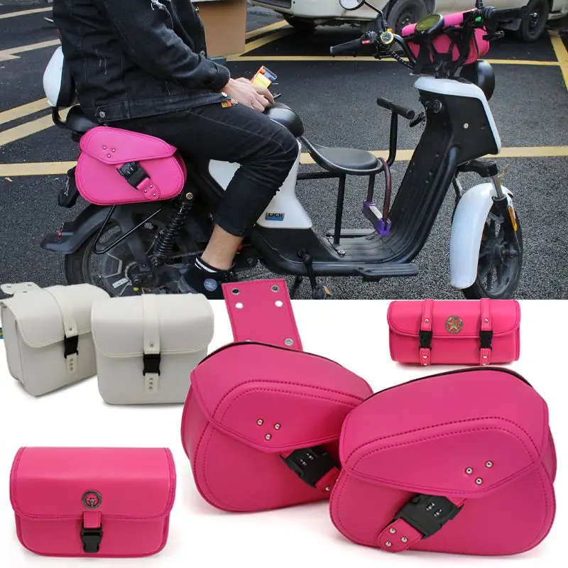 

Motorcycle Electric Vehicle PU Waterproof Universal Pink Black Side Hanging Front Saddle Bag with Combination Lock Side Bag