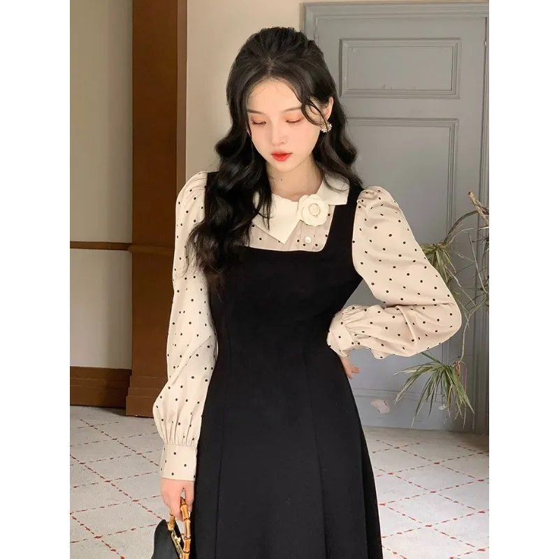 秋のレトロなフレンチウエスト削減と年齢削減サテン水玉模造ツーピーススリムヘップバーン気質ドレス