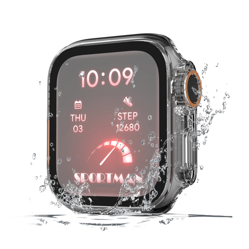 

PC Tempered Glass Case Waterproof Full Protective Cover Anti-Fall Front Rear Bumper Case for Apple Watch 9/8/7/6/5/4/SE