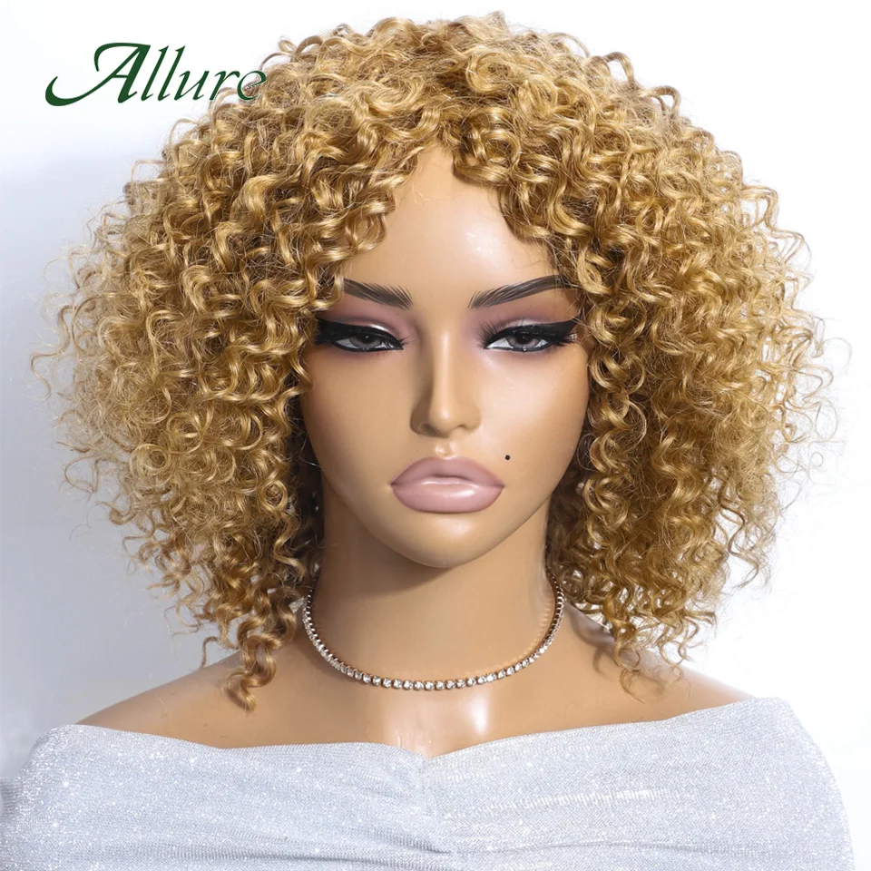 Perucas brasileiras do cabelo humano da onda da água para mulheres negras, peruca do cabelo louro do mel com Bangs, cabelo encaracolado Kinky curto,