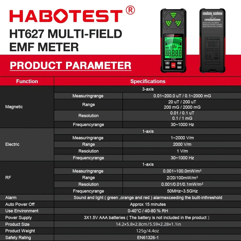 HABOTEST HT627 EMF متر المهنية المجال الكهرومغناطيسي كاشف إشعاع يده المحمولة تردد الراديو تحذير متر #6