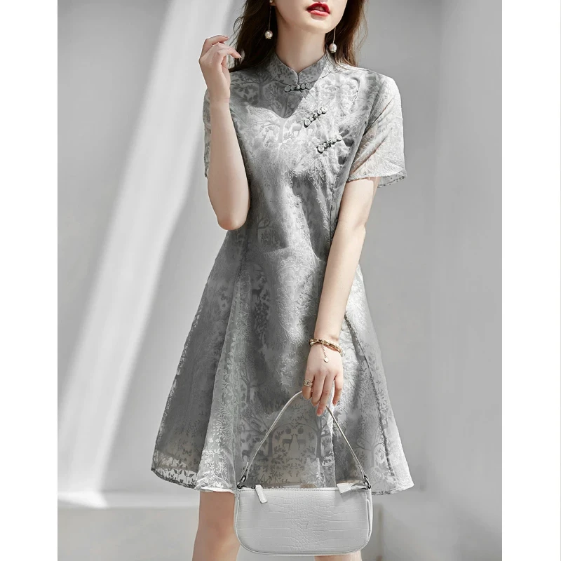 

Elegant Women's Chinese Style A-Line Dress With Mandarin Collar And Button Detailing For Summer Wear
