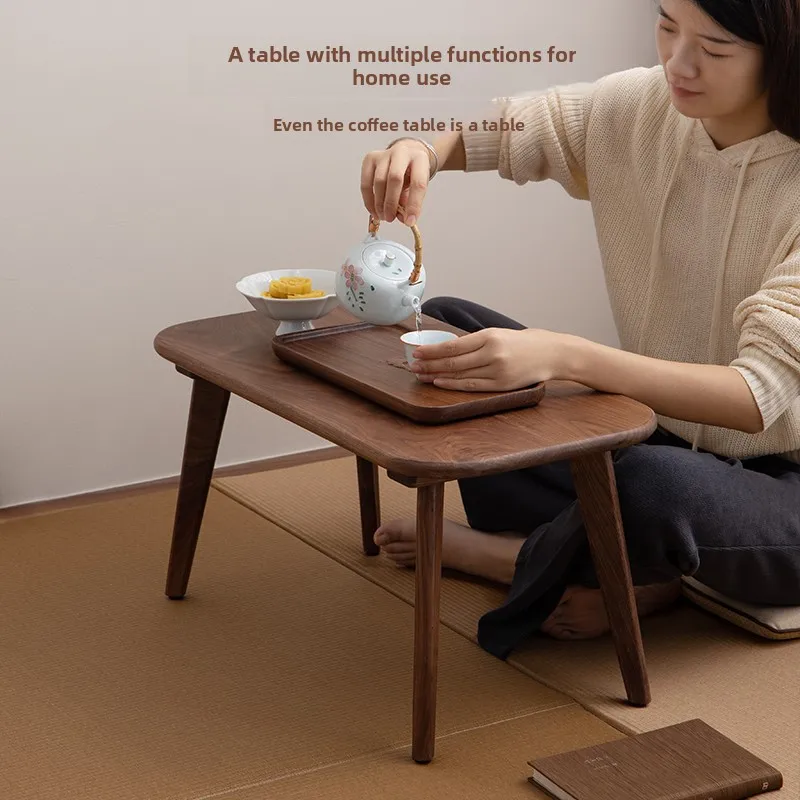 

Elegant Small Solid Wood Tea Table Black Walnut Tatami Design Window Alcove Tray for Home Living Room Decor