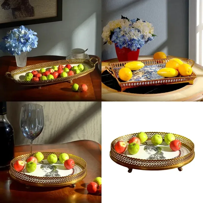 European Luxury Brass Blue White Ceramic Large Fruit Plate Creative Home Decor Ornament Villa Art Craft