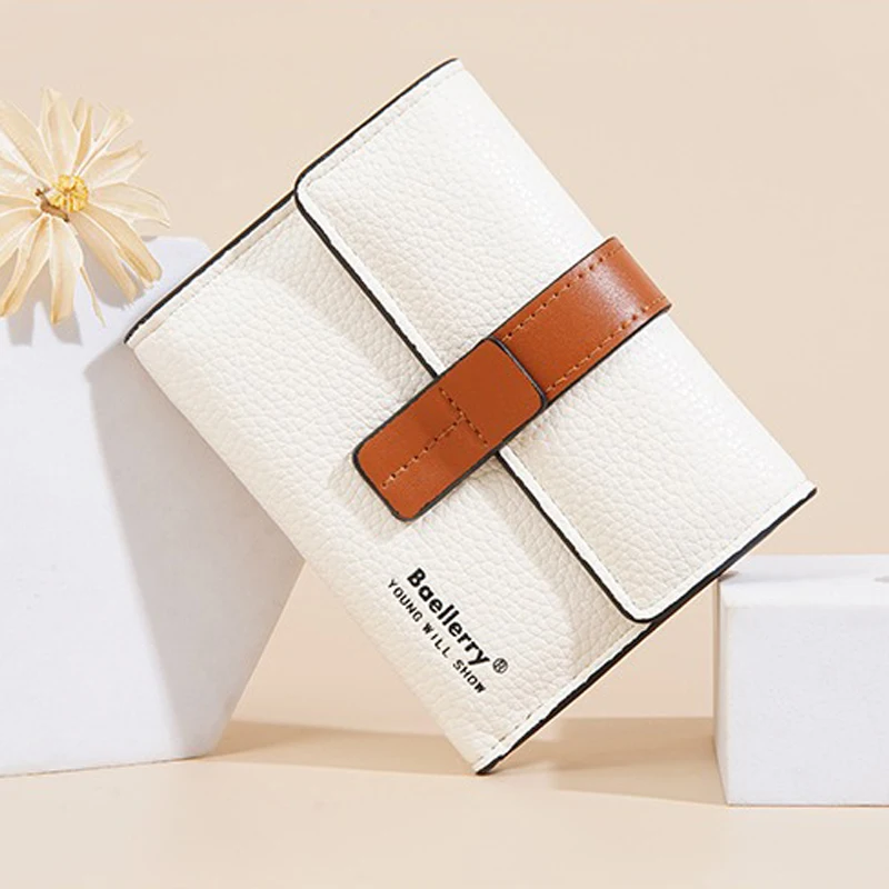 

Women's Medium Hit-color Wallet Large Capacity Card Holder Small Zipper Coin Pocket Foldable Clutch Short Beige Purse for Women