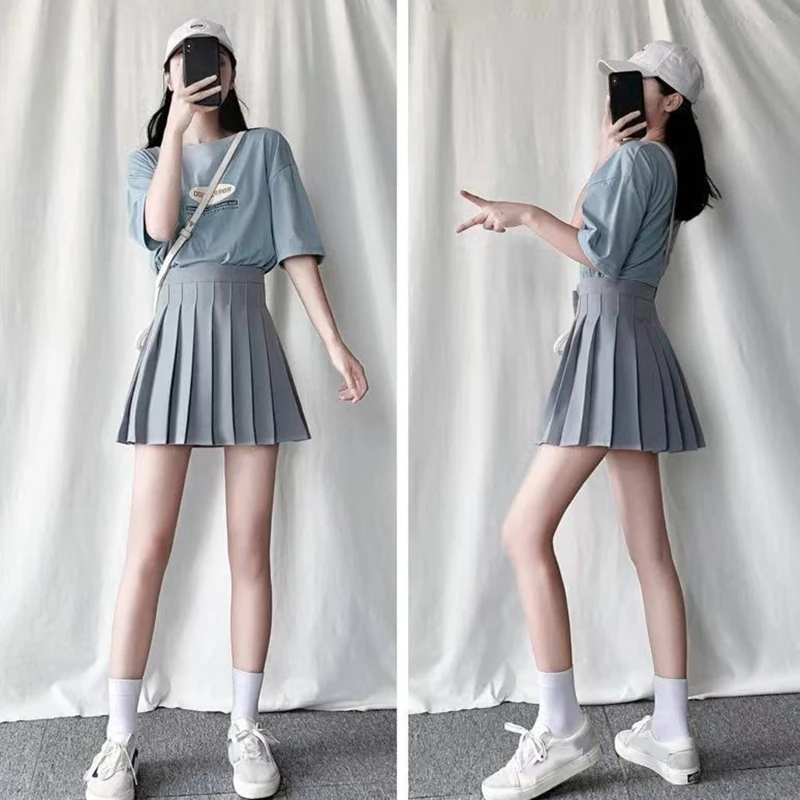 

Women Preppy Style High Waist Solid Color Mini Skater Skirt Pleated A-Line Flared Hem Basic Tennis Skirt with Shorts