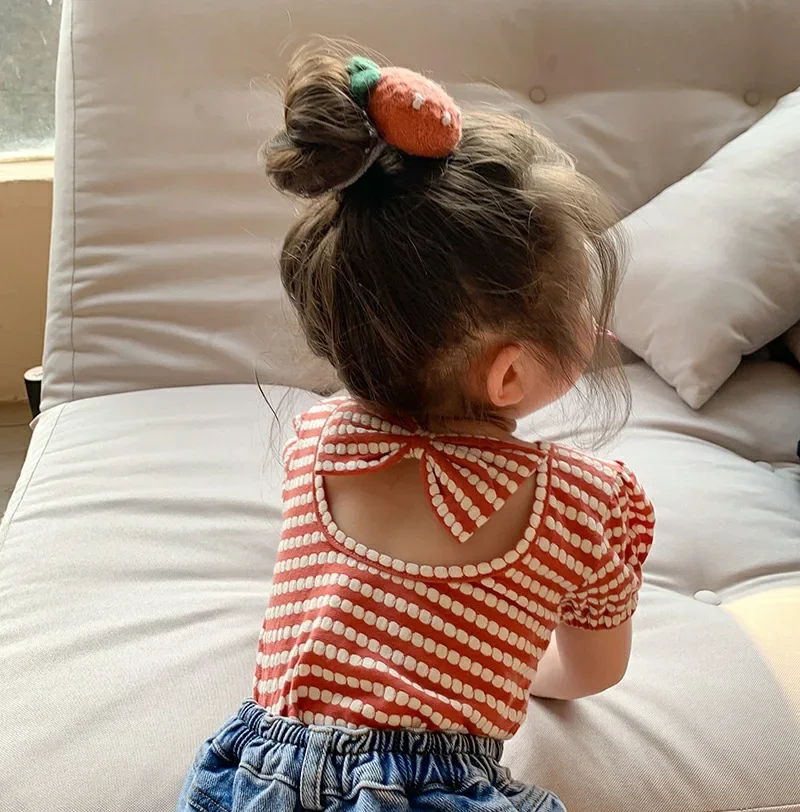 2024 Summer New Korean Style Baby Girls Striped T-shirts Bowknot Backless Puff Sleeve Tops Toddlers Kids Tees