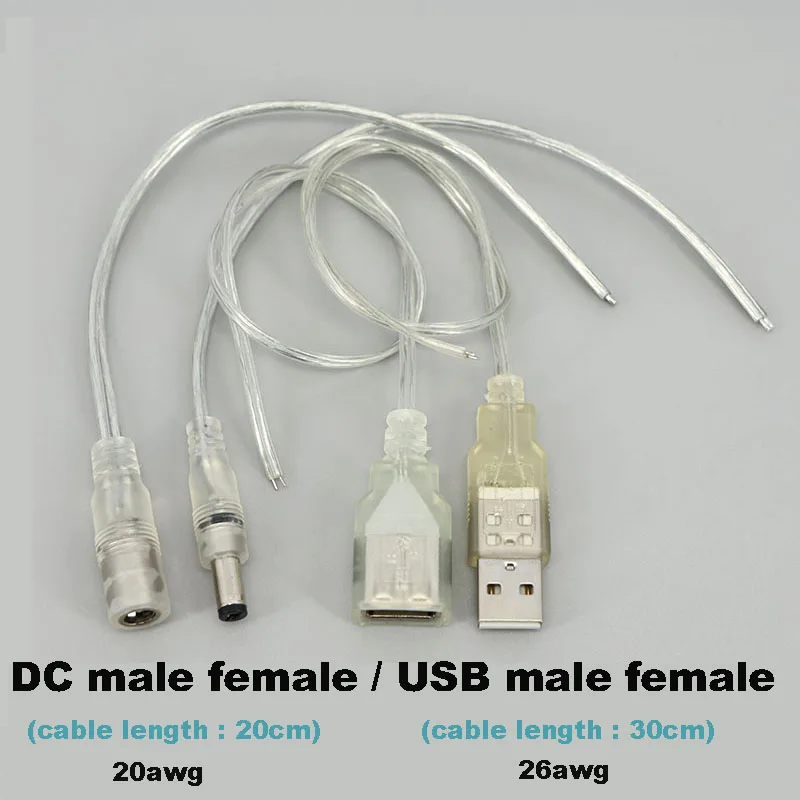 DC USB Male Female Power Adapter transparent Pigtail Cable 5.5x2.1mm Barrel Jack Connector extend Cord For LED Strip neon lamp L