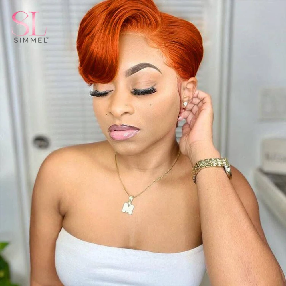 Peluca recta de corte Pixie para mujer, cabello humano de color naranja jengibre, parte en T, encaje transparente, Bob corto