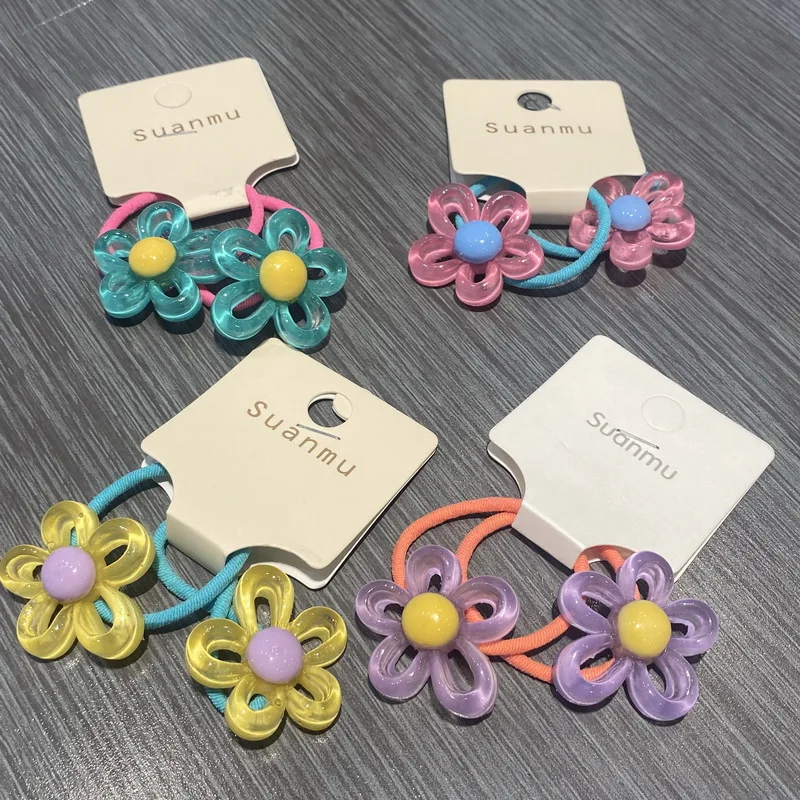 2024 New Korean Style 2Pcs/Set Girls Cute Elastic Hair Bands Baby Transparent Flower Hair Ties Kids Lovely Hair Rubber Bands