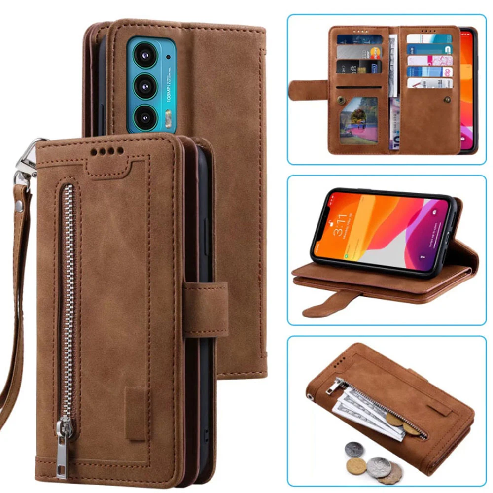 

9 Cards Wallet Case For Motorola Edge 20 Case Card Slot Zipper Flip Folio with Wrist Strap Carnival Moto Edge 20 XT2143-1 Cover